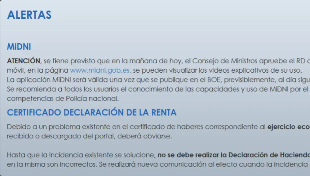 El mensaje sobre el DNI en la intranet de la Policía Nacional
