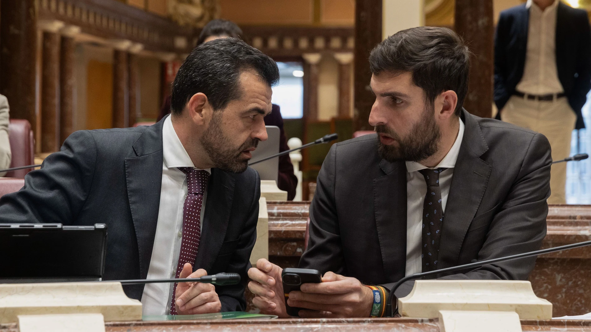 CARTAGENA, (MURCIA), 01/04/2025.- Los diputados de Vox José Ángel Antelo (d) y Rubén Martínez (i), conversan antes del inicio del pleno de la Asamblea Regional de Murcia, este martes. EFE/Marcial Guillén