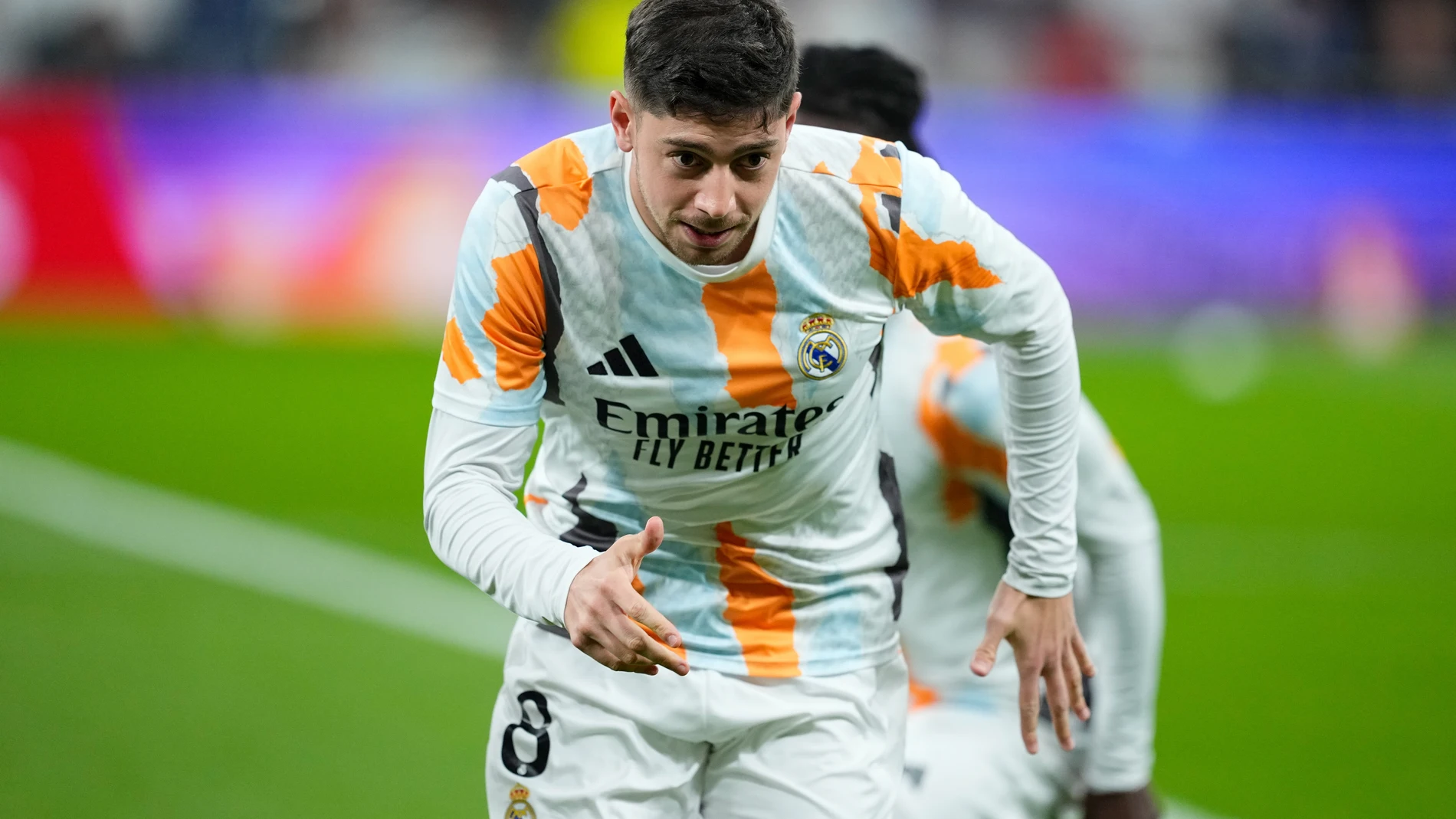 Federico Valverde of Real Madrid warms up during the Spanish Cup, Copa del Rey, football match Semifinal Second Leg played between Real Madrid and Real Sociedad at Santiago Bernabeu stadium on April 01, 2025, in Madrid, Spain. AFP7 01/04/2025 ONLY FOR USE IN SPAIN
