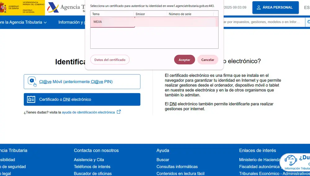 Cuadro de diálogo de reconocimiento de certificado digital
