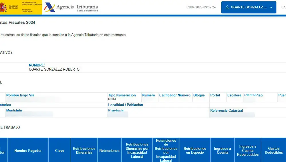 Aspecto de la página principal de consulta de datos fiscales e identificativos