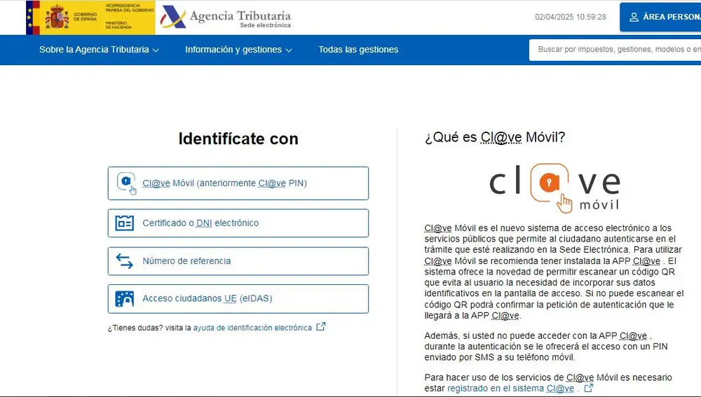 Métodos de acceso consultar datos fiscales renta 2024 clave movil certificado digital dnie