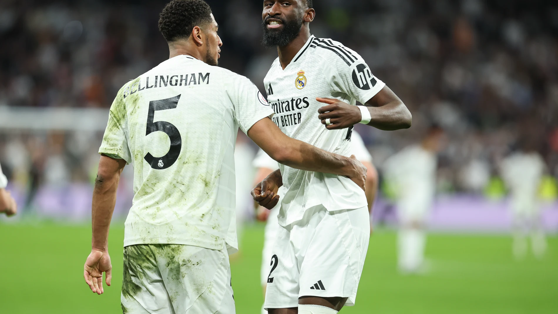 Antonio Rudiger of Real Madrid celebrates a goal during the Spanish Cup, Copa del Rey, football match Semifinal Second Leg played between Real Madrid and Real Sociedad at Santiago Bernabeu stadium on April 01, 2025, in Madrid, Spain. AFP7 01/04/2025 ONLY FOR USE IN SPAIN