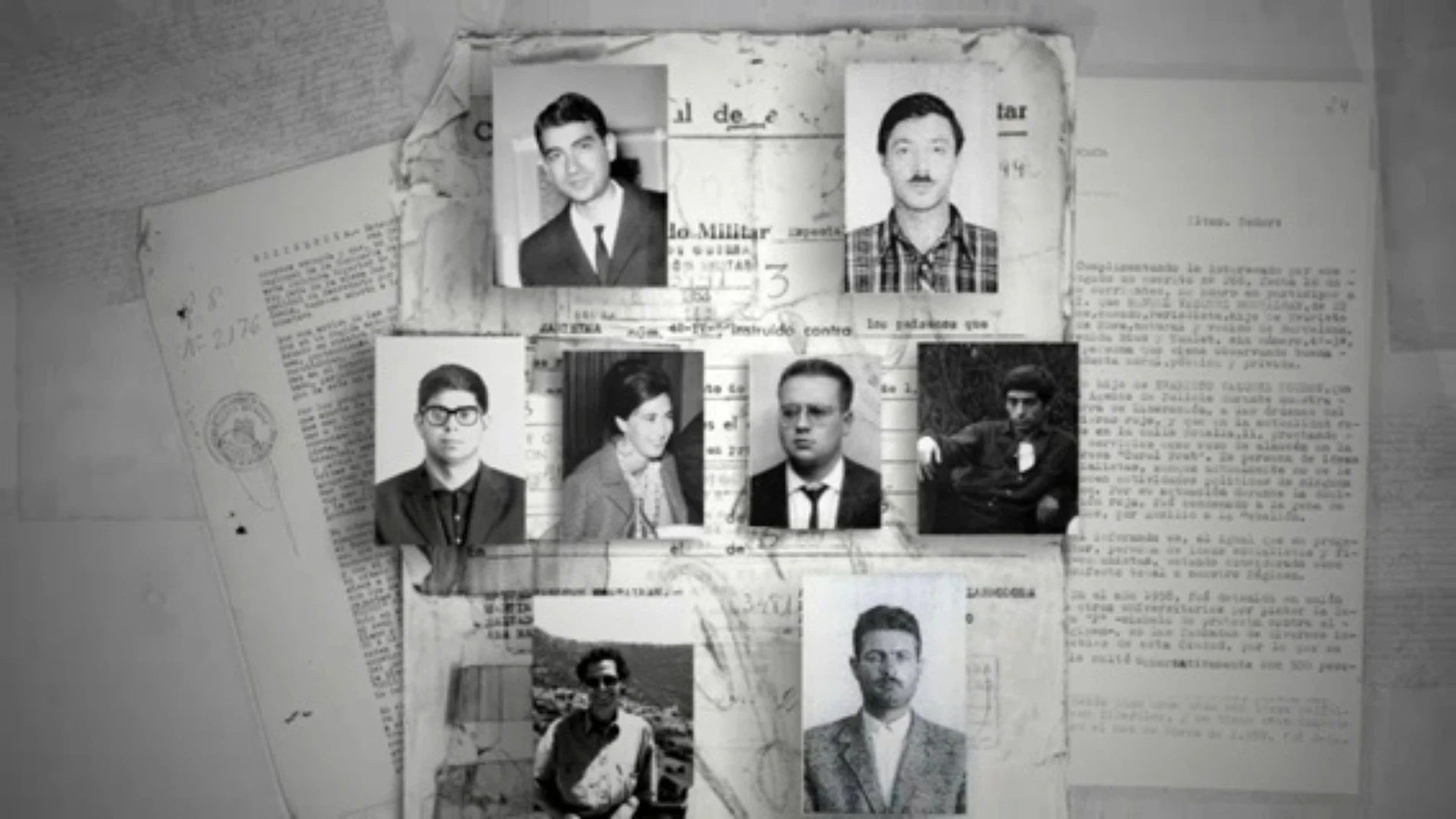 Fotograma del documental de TV3 Barcelona 1962. L’ombra dels Creix. En la foto se puede ver a Manuel Vázquez Montalbán y Anna Sallés entre otros estudiantes que pasaron por Via Laietana