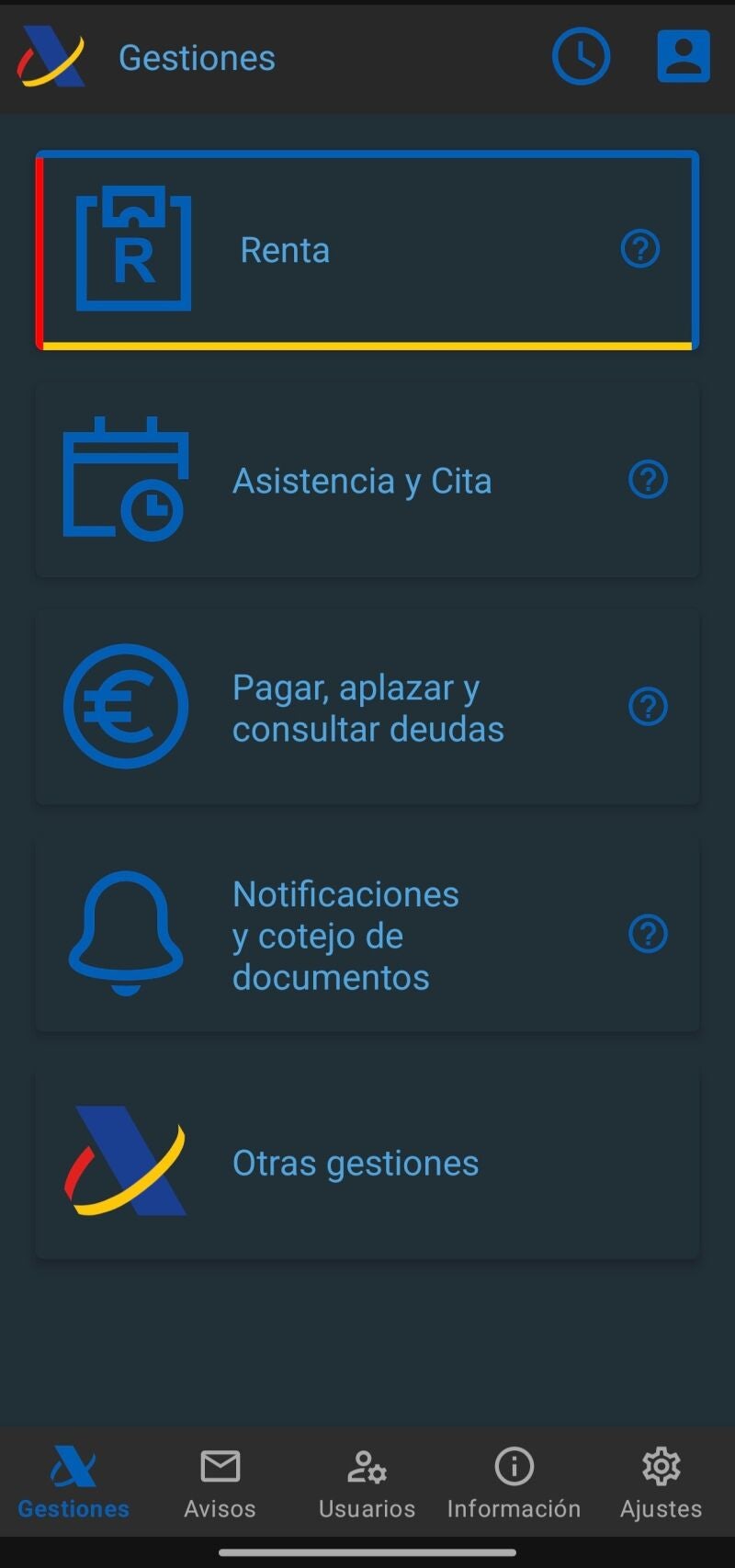 Pantalla inicial de la aplicación de la Agencia Tributaria