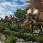 Reconstrucción de un paleoambiente del Maastrichtiense tardío (~66 millones de años atrás) en Norteamérica, donde una llanura aluvial es recorrida por dinosaurios como Tyrannosaurus rex, Edmontosaurus annectens y Triceratops prorsus.