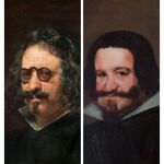 A la izda., Francisco de Quevedo y Villegas, en un retrato atribuido actualmente a Juan van der Hamen; a la dcha., la pintura que hizo Diego Velázquez del Conde-Duque de Olivares, en 1638