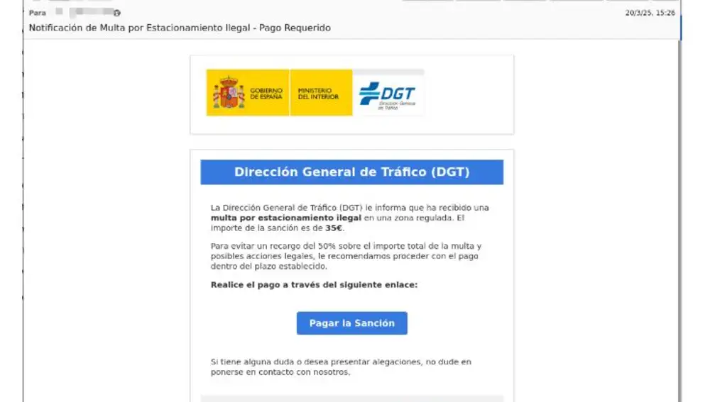 Estéticamente se puede visualizar que intentan imitar a la DGT con su logo y diseño, pero el remitente no es el oficial de la DGT.