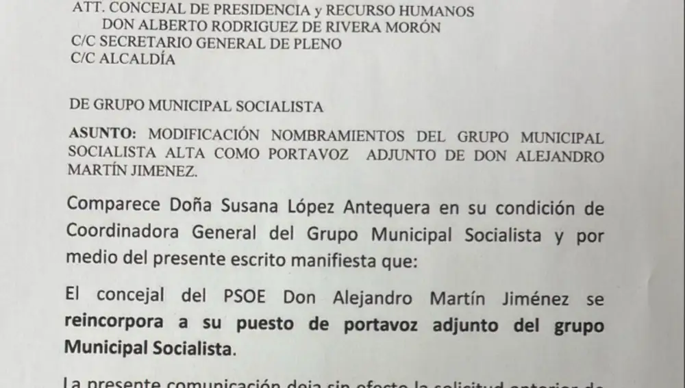 La nota presentada en el registro para la readmisión de Álex Martín