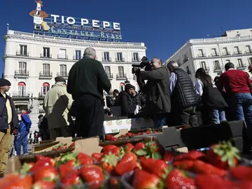 Más de 2.000 tarrinas de fresas de Huelva son repartidas por parte de la Unión de Pequeños Agricultores (UPA) de Andalucía y UPA-Huelva, en la Puerta del Sol, Más de 2.000 tarrinas de fresas de Huelva son repartidas por parte de la Unión de Pequeños Agricultores (UPA) de Andalucía y UPA-Huelva, en la Puerta del Sol,