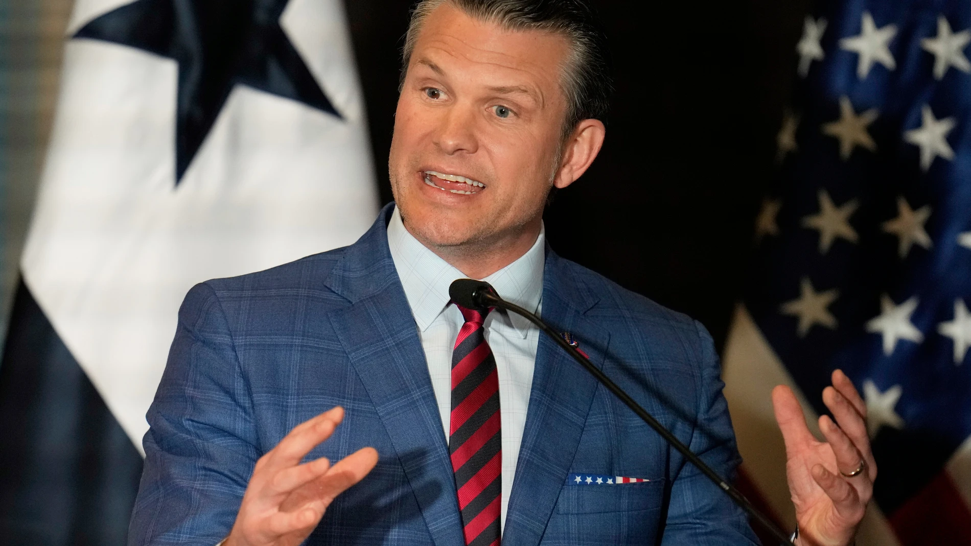 U.S. Defense Secretary Pete Hegseth speaks during a press conference in Panama City, Wednesday, April 9, 2025. (AP Photo/Matias Delacroix)