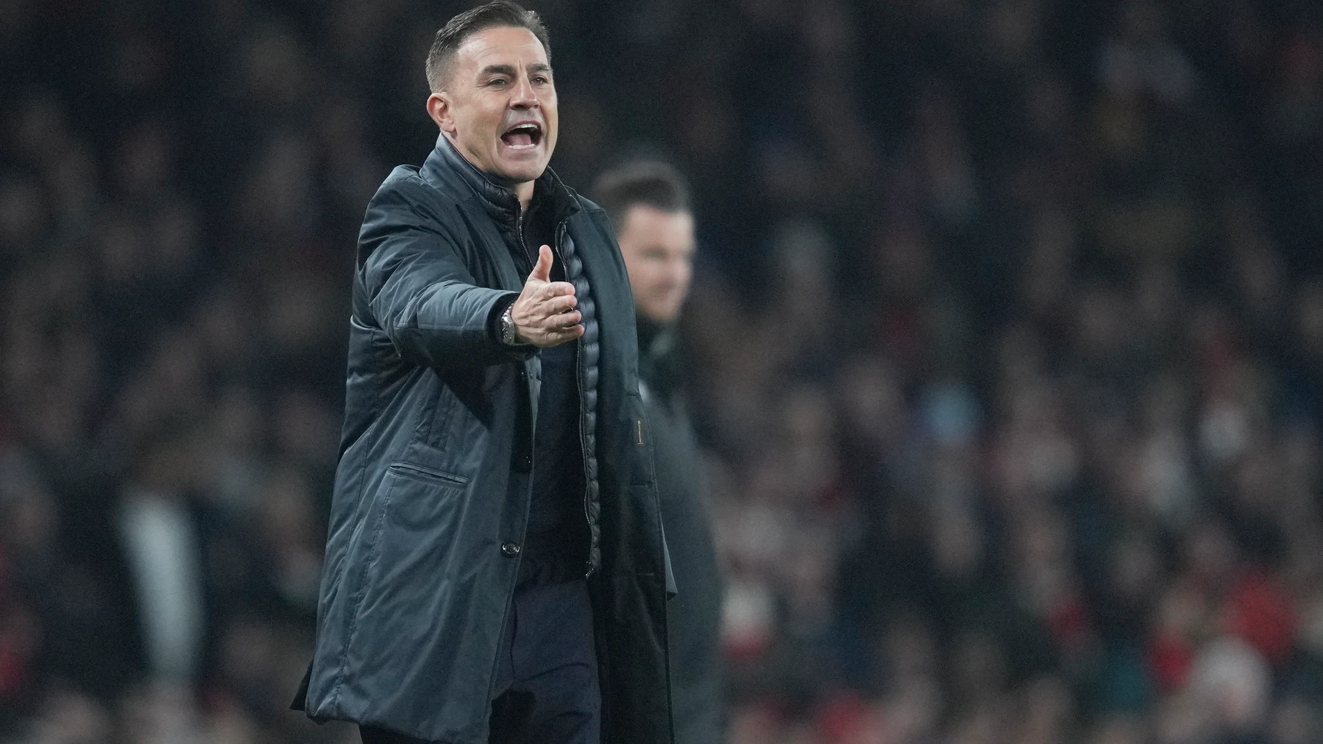 FILE - Dinamo Zagreb's head coach Fabio Cannavaro yells during the Champions League soccer match between Arsenal and Dinamo Zagreb at the Emirates stadium in London, on Jan. 22, 2025. (AP Photo/Kin Cheung, File)