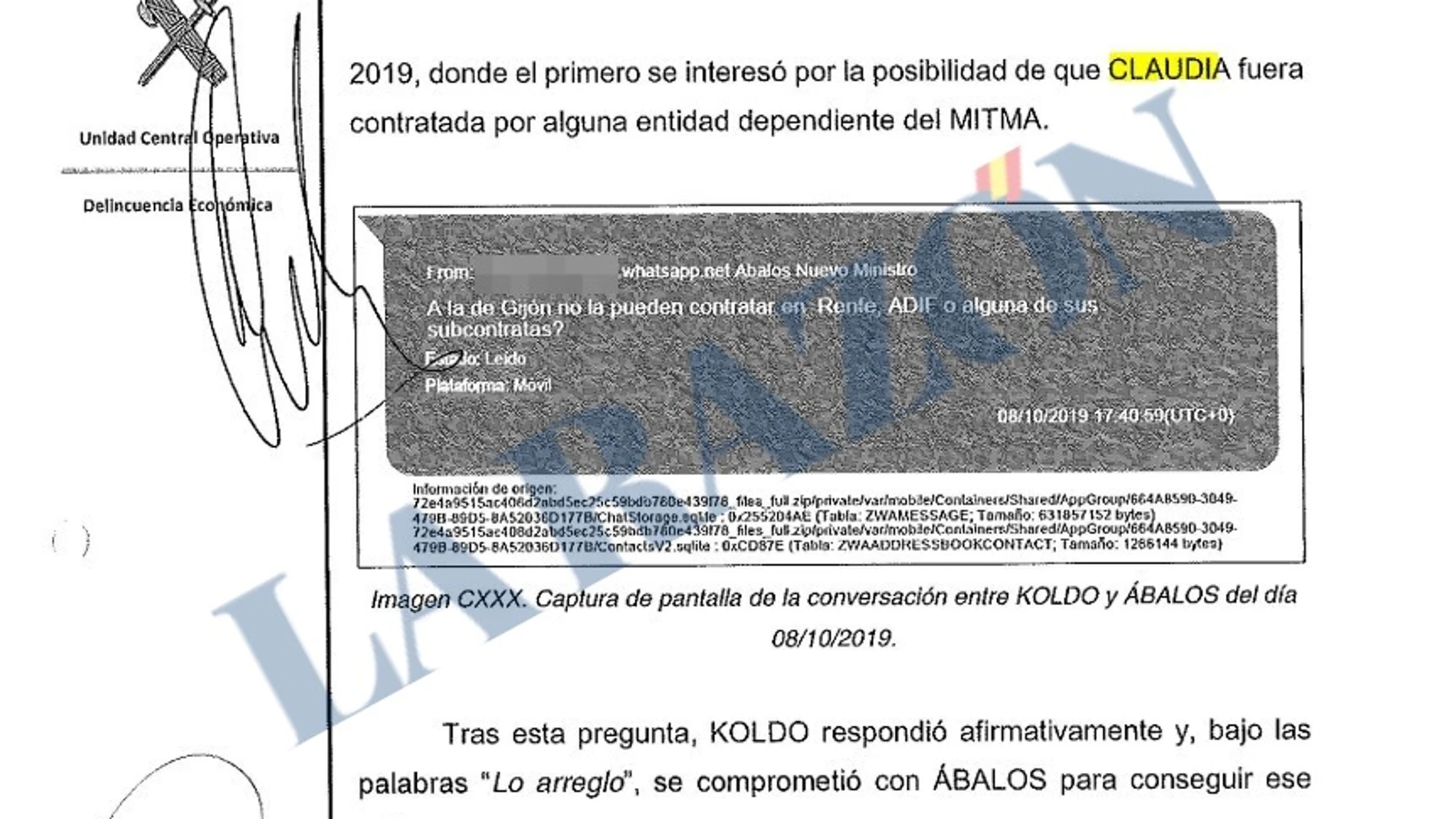Mensaje en el que Ábalos pregunta a Koldo García si se puede enchufar en Renfe a su amiga Claudia