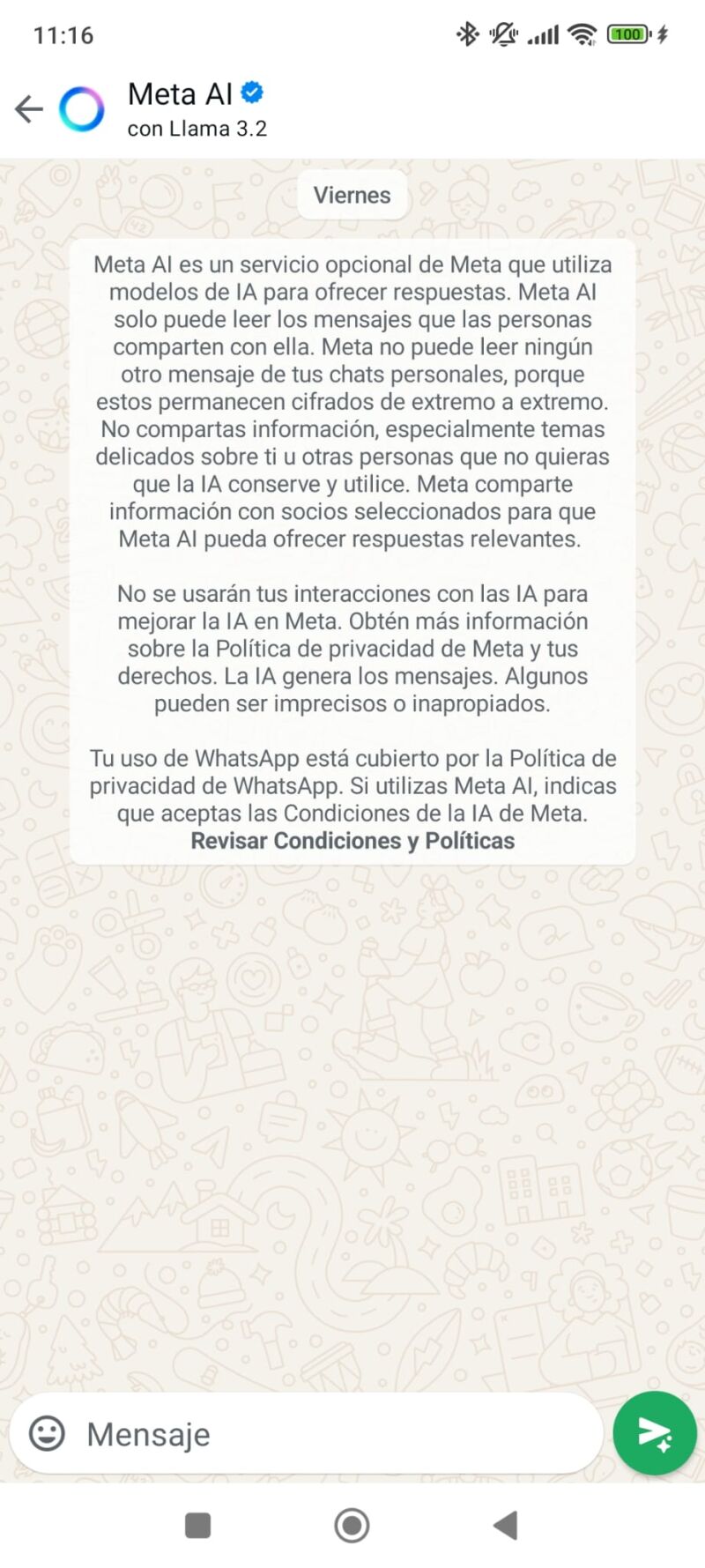 Conversación disponible en Whatsapp con Meta AI