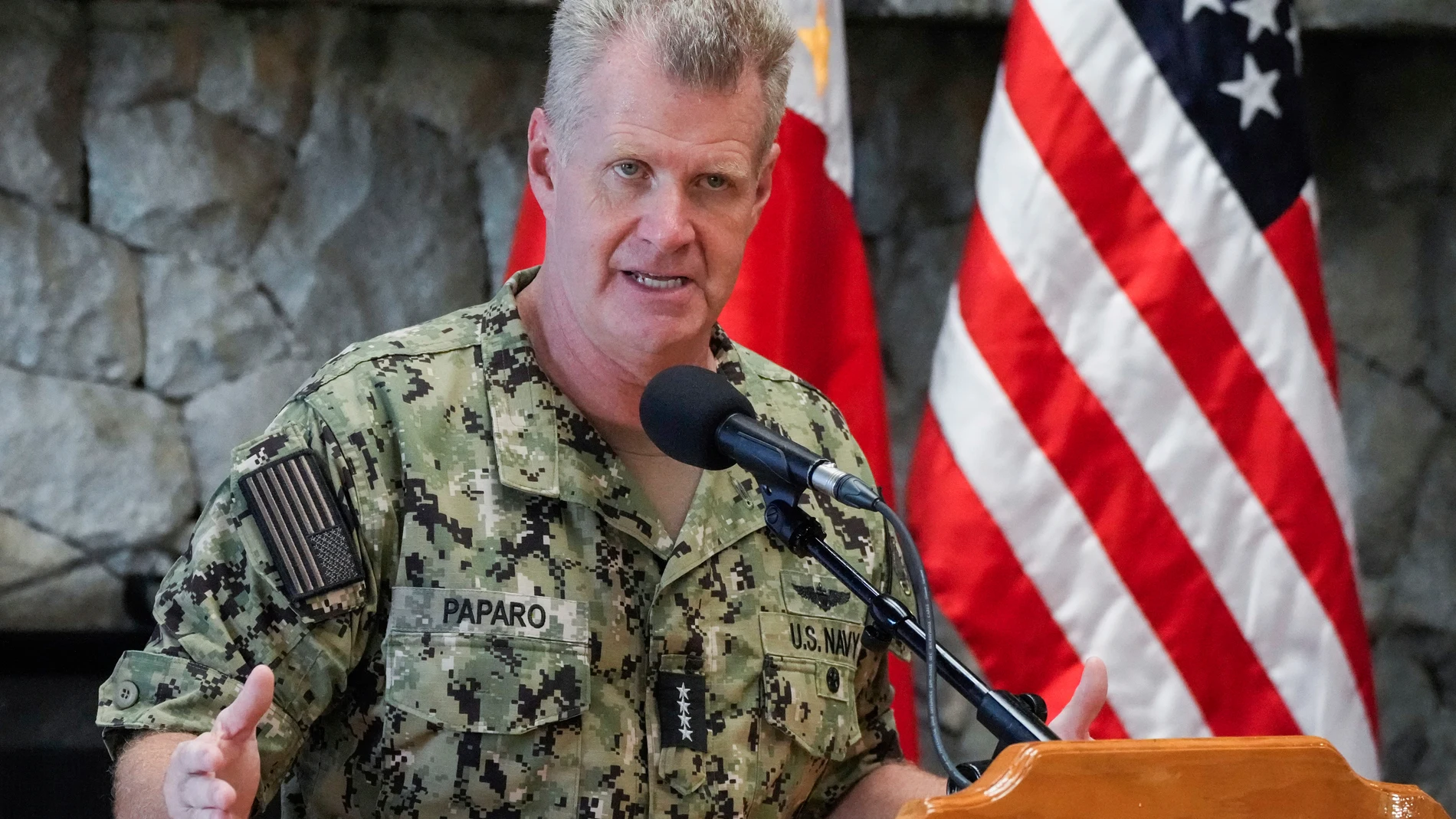 FILE - U.S. Indo-Pacific Command Commander, Admiral Samuel Paparo, gestures during a press conference at the Philippine Military Academy in Baguio, northern Philippines, Aug. 29, 2024. (AP Photo/Aaron Favila, File)