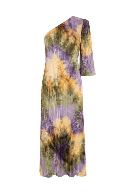 Vestido midi mirto asimétrico con estampado tie-dye.