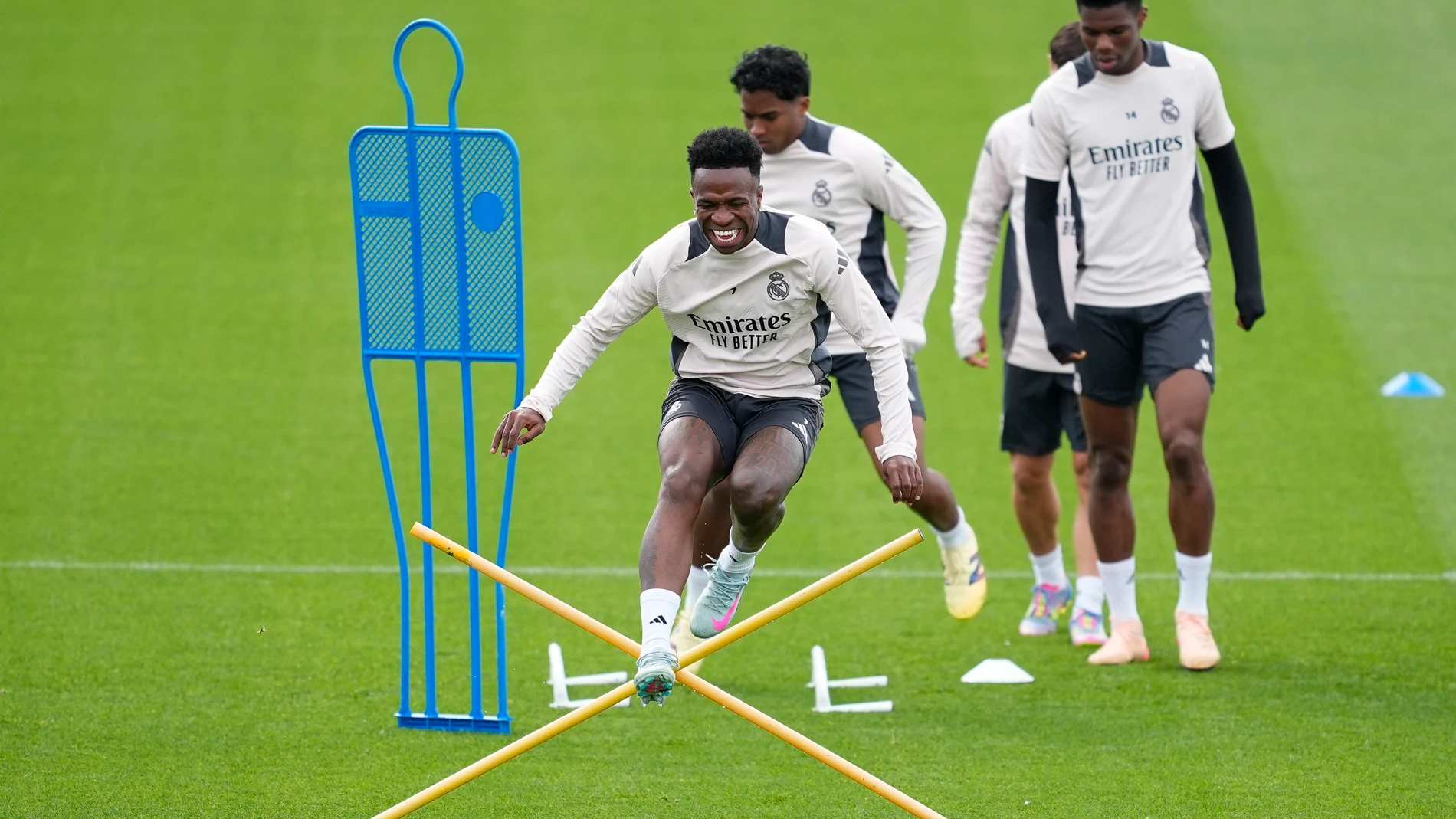 Vinicius Junior during a training session and press conference ahead of their UEFA Champions League 2024/25 quarter final second leg match at Ciudad Deportiva Real Madrid on April 15, 2025 in Valdebebas, Madrid, Spain. AFP7 15/04/2025 ONLY FOR USE IN SPAIN