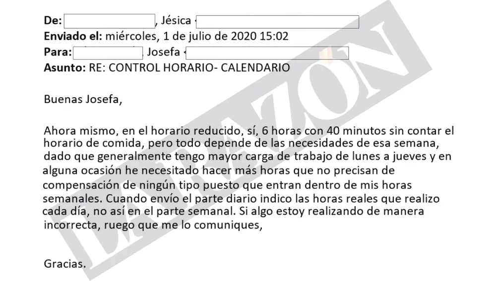 Correo control horario, calendario Jesica