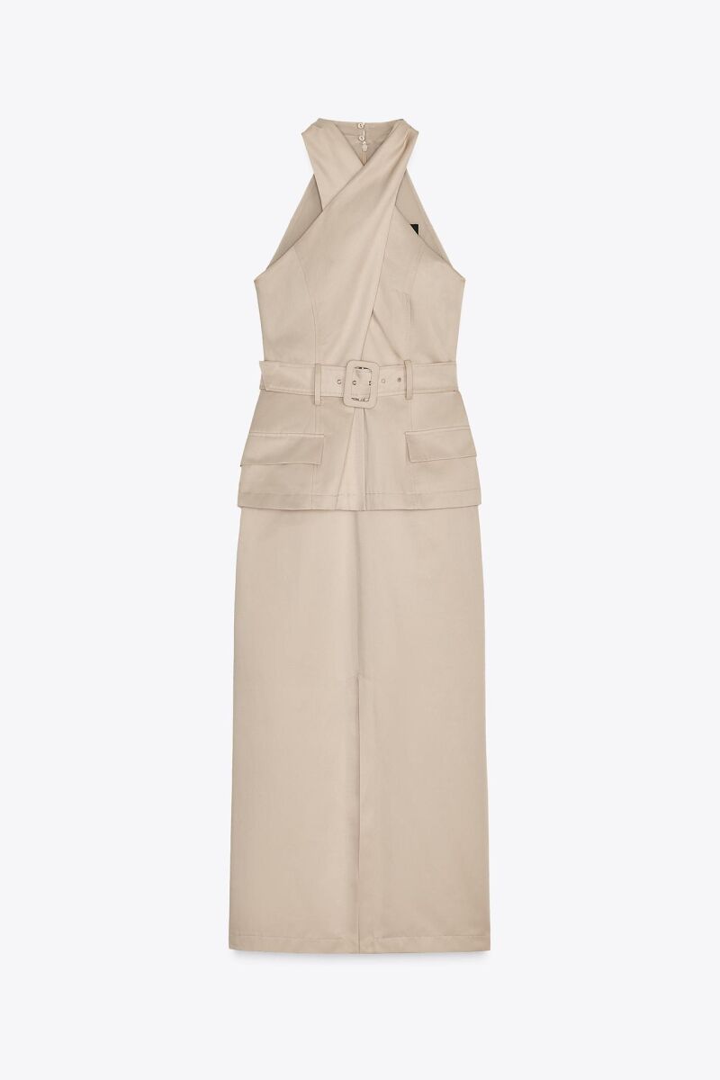 Vestido midi cinturón cruzado.