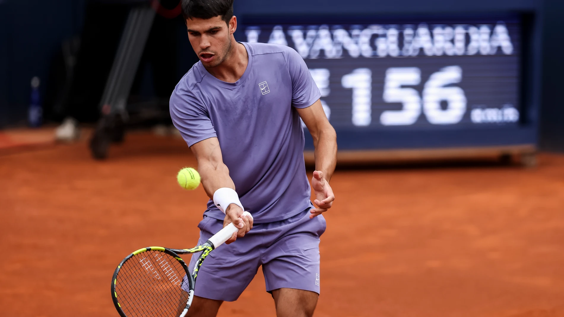 Carlos Alcaraz of Spain in actions against Ethan Quinn of United Stated during the first round tennis match of the Barcelona Open Banc Sabadell - Conde Godo 2025 Day 2 at Real Club De Tenis Barcelona on April 15, 2025 in Barcelona, Spain. AFP7 15/04/2025 ONLY FOR USE IN SPAIN