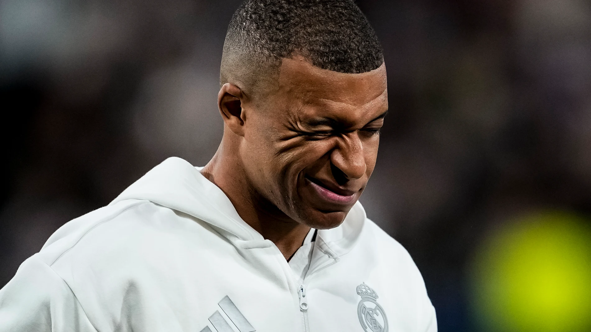 Kylian Mbappe of Real Madrid gestures during the UEFA Champions League 2024/25 Quarter Final Second Leg match between Real Madrid C.F. and Arsenal FC at Santiago Bernabeu stadium on April 16, 2025, in Madrid, Spain. AFP7 16/04/2025 ONLY FOR USE IN SPAIN
