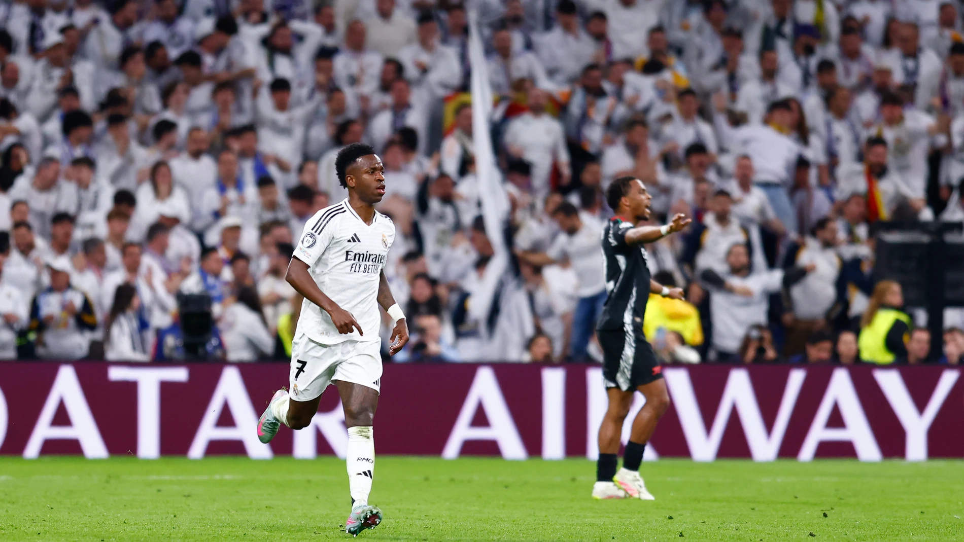 Vinicius Junior of Real Madrid celebrates a goal during the UEFA Champions League 2024/25 Quarter Final Second Leg match between Real Madrid C.F. and Arsenal FC at Santiago Bernabeu stadium on April 16, 2025, in Madrid, Spain. AFP7 16/04/2025 ONLY FOR USE IN SPAIN
