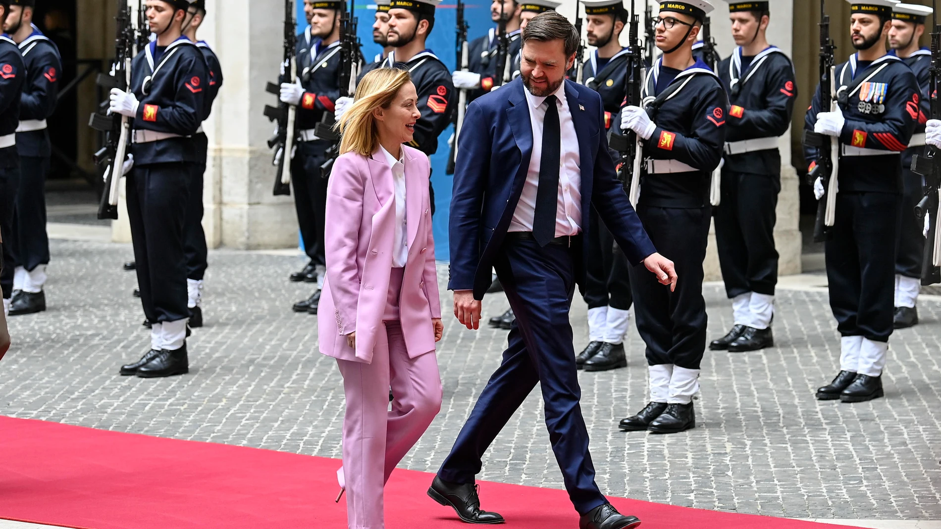 Rome (Italy), 18/04/2025.- Italian Prime Minister Giorgia Meloni (L) welcomes US Vice President James David Vance (R) during their meeting at Palazzo Chigi in Rome, Italy, 18 April 2025. (Italia, Roma) EFE/EPA/RICCARDO ANTIMIANI