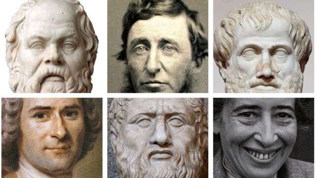 De izda a dcha., Sócrates, Henry David Thoreau y Aristóteles (arriba); y Jean-Jacques Rousseau, Platón y Hannah Arendt (abajo)