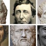 De izda a dcha., Sócrates, Henry David Thoreau y Aristóteles (arriba); y Jean-Jacques Rousseau, Platón y Hannah Arendt (abajo)