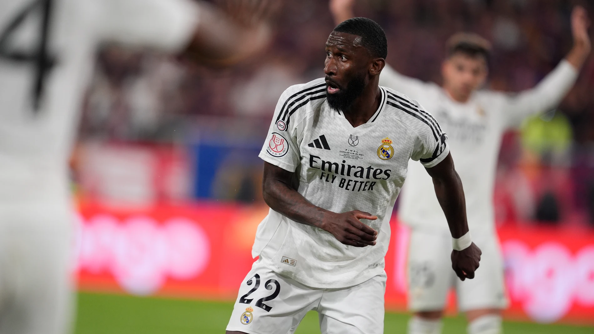 Antonio Rudiger of Real Madrid in action during the Spanish Cup, Copa del Rey, Final football match played between FC Barcelona and Real Madrid at La Cartuja Stadium on April 26, 2025 in Sevilla, Spain. AFP7 26/04/2025 ONLY FOR USE IN SPAIN