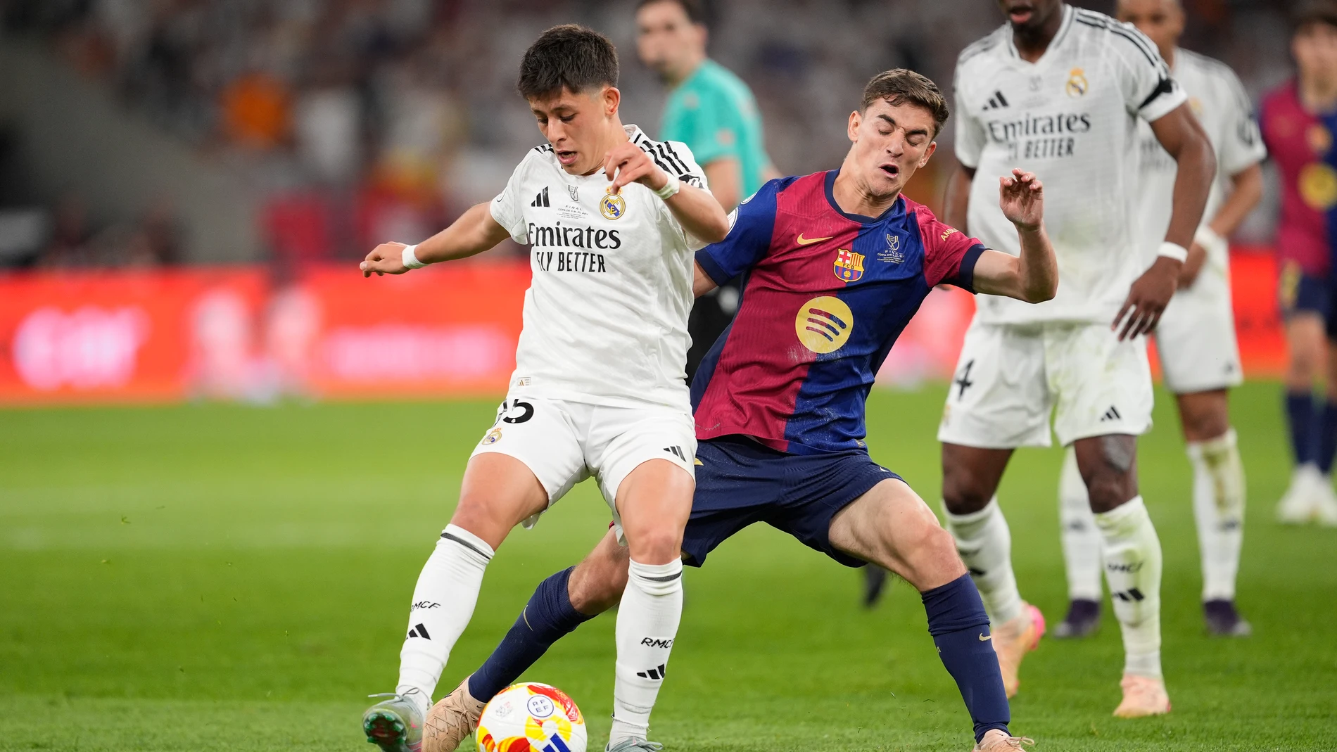 Arda Guler of Real Madrid and Pablo Martin Gavi of FC Barcelona during the Spanish Cup, Copa del Rey, Final football match played between FC Barcelona and Real Madrid at La Cartuja Stadium on April 26, 2025 in Sevilla, Spain.AFP7 26/04/2025 ONLY FOR USE IN SPAIN