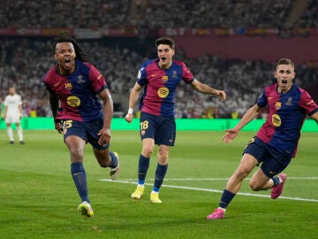 Jules Kounde of FC Barcelona celebrates a goal during the Spanish Cup, Copa del Rey, Final football match played between FC Barcelona and Real Madrid at La Cartuja Stadium on April 26, 2025 in Sevilla, Spain. AFP7 26/04/2025 ONLY FOR USE IN SPAIN