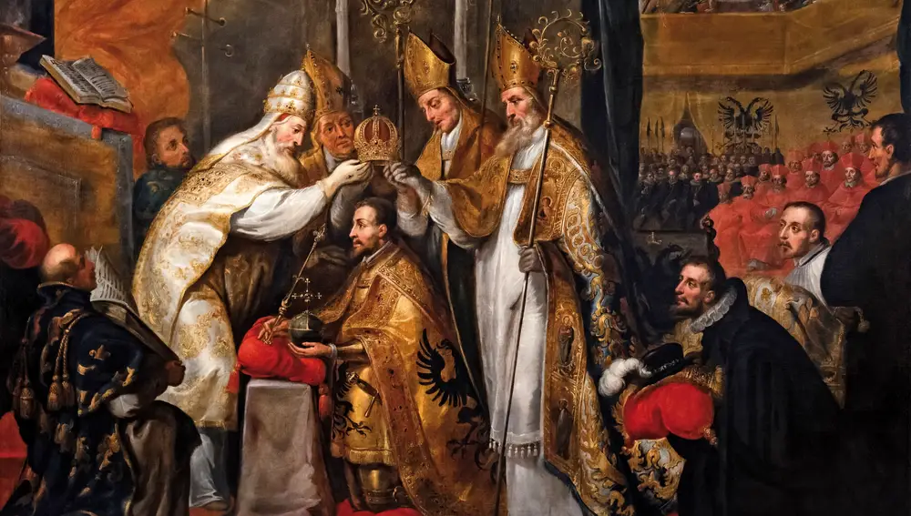 "Coronación del emperador Carlos V en Bolonia por el Papa Clemente VII", pintura de Gaspar de Crayer.