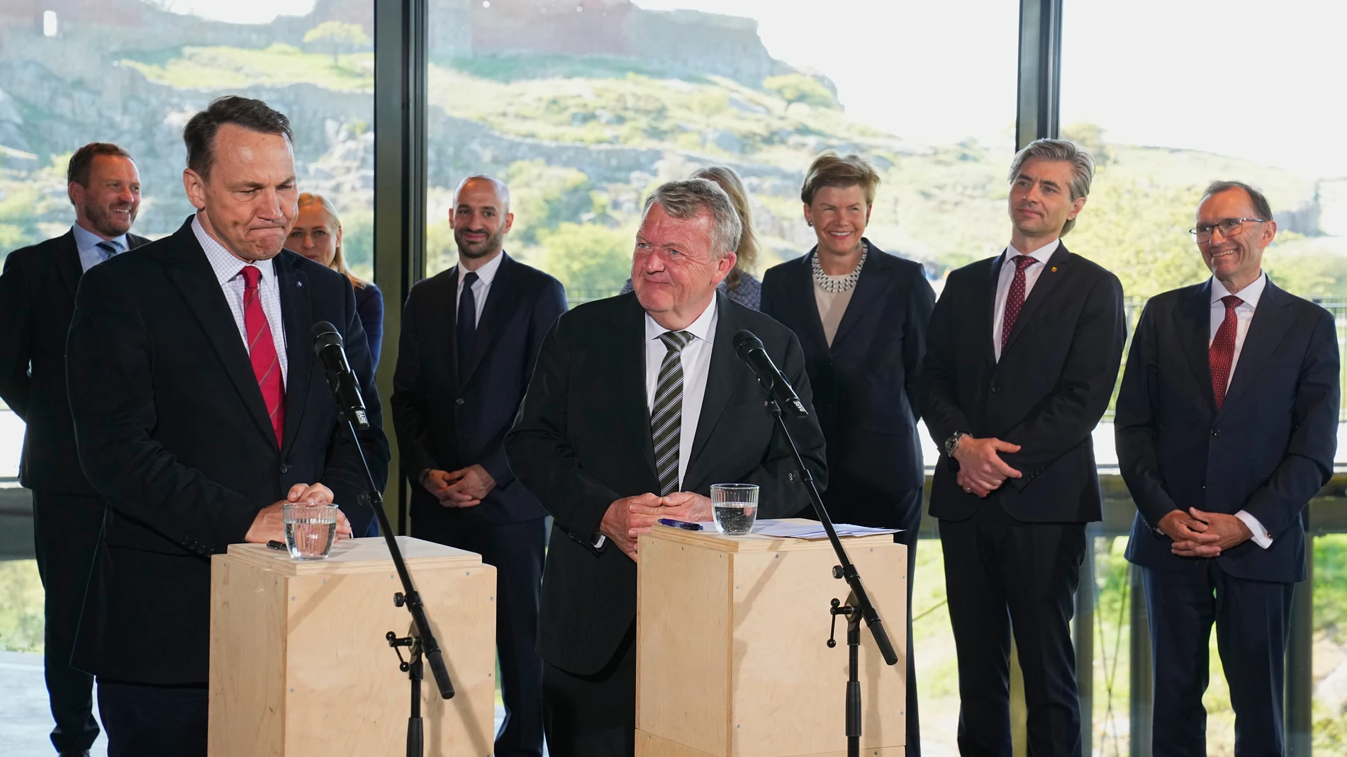 Denmark's Foreign Minister Lars Lokke Rasmussen and Norway's Foreign Minister Espen Barth Eide, left, attend a press conference after a meeting of ministers from the member countries of the Nordic-Baltic Eight, NB8, on the island of Bornholm, Denmark, Tuesday April 29, 2025. (Thomas Traasdahl/Ritzau Scanpix via AP)
