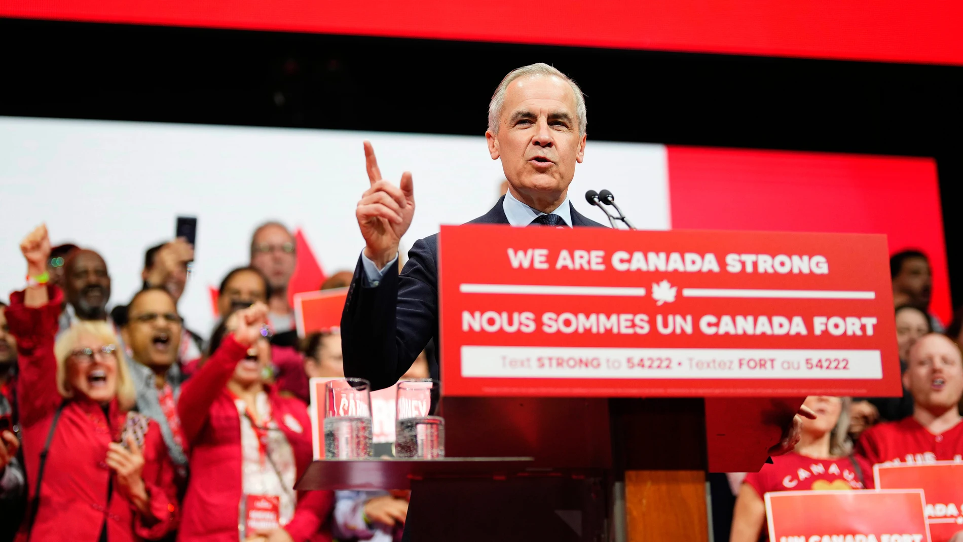 Canadian Prime Minister Mark Carney speaks on stage at his campaign headquarters after the Liberal Party won the Canadian election in Ottawa on Tuesday, April 29, 2025. (Justin Tang/The Canadian Press via AP)