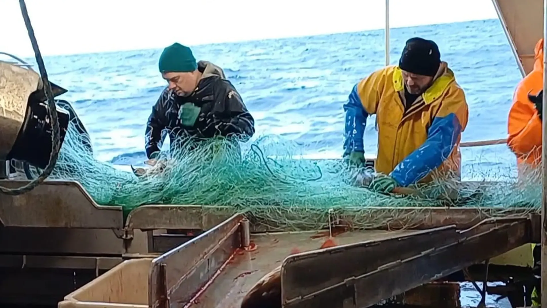 Dentro del buque en el que navegamos a través del mar de Noruega para pescar bacalao skrei. Pescadores trabajan con redes en la jornada de pesca