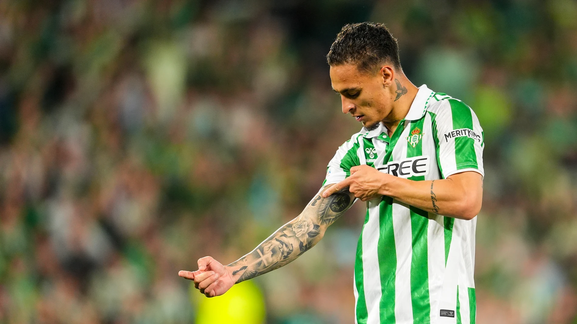 Antony Matheus dos Santos of Real Betis celebrates a goal during the UEFA Europa Conference League Semi Final First Leg, football match played between Real Betis and ACF Fiorentina at Benito Villamarin stadium on May 1, 2025, in Sevilla, Spain. AFP7 01/05/2025 ONLY FOR USE IN SPAIN