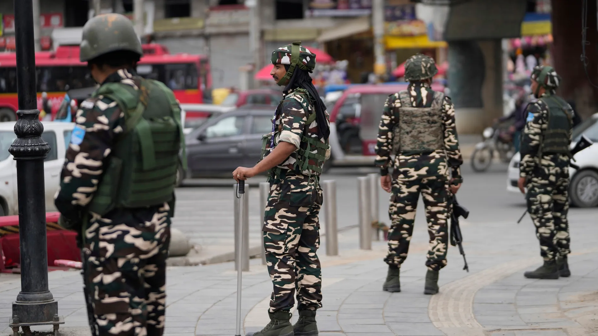 Indian soldiers stand guard, in Srinagar, Indian controlled Kashmir, Friday, May 9, 2025. (AP Photo/Mukhtar Khan)
