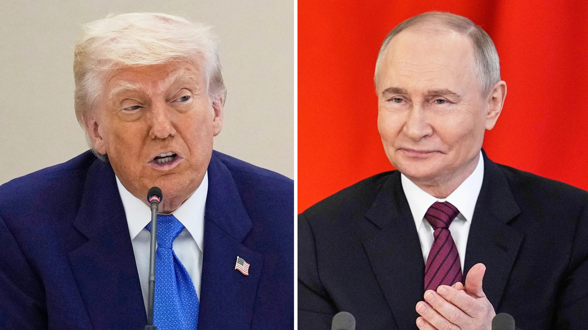 This combination photo shows President Donald Trump in a business roundtable, May 16, 2025, in Abu Dhabi, United Arab Emirates, left, and Russian President Vladimir Putin at a signing ceremony at the Kremlin in Moscow, May 10, 2025. (AP Photo)
