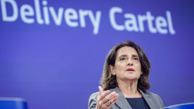 Teresa Ribera, Executive Vice-President for Clean, Just, and Competitive Transition, speaks during a press conference on an 'Antitrust: Food Delivery Cartel' competition case in Brussels, Belgium, 02 June 2025.