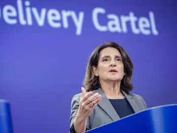Teresa Ribera, Executive Vice-President for Clean, Just, and Competitive Transition, speaks during a press conference on an 'Antitrust: Food Delivery Cartel' competition case in Brussels, Belgium, 02 June 2025. Teresa Ribera, Executive Vice-President for Clean, Just, and Competitive Transition, speaks during a press conference on an 'Antitrust: Food Delivery Cartel' competition case in Brussels, Belgium, 02 June 2025.
