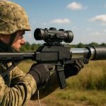 Recreación de un soldado haciendo uso del nuevo fusil láser de Rusia (IA).