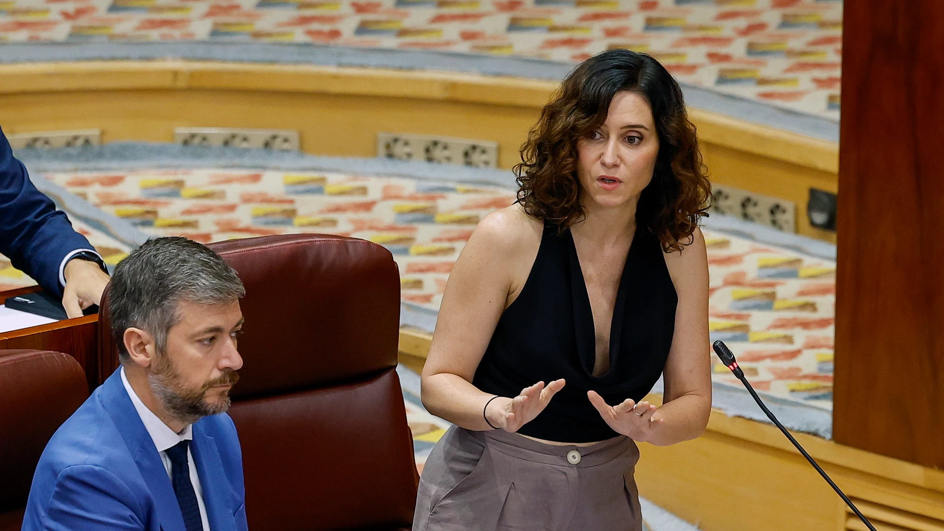MADRID, 12/06/2025.- La presidenta de la Comunidad de Madrid, Isabel Díaz Ayuso (d), interviene durante el pleno celebrado, este jueves, en la Asamblea de Madrid. EFE/Chema Moya