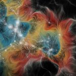 Representación artística del medio intergaláctico y la materia oscura (en rojo)