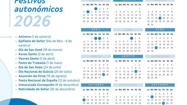 Así será el calendario de laboral para 2026 en Galicia