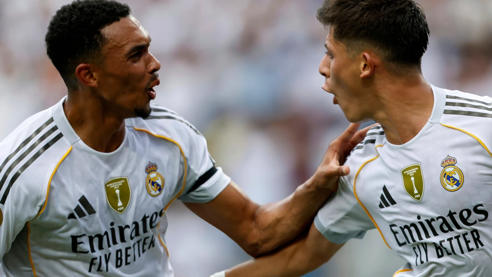 Real Madrid's Arda Guler, right, and Real Madrid's Trent Alexander-Arnold celebrate after a goal during the Club World Cup Group H soccer match between Real Madrid and CF Pachuca in Charlotte, N.C., Sunday, June 22, 2025. (AP Photo/Nell Redmond)
