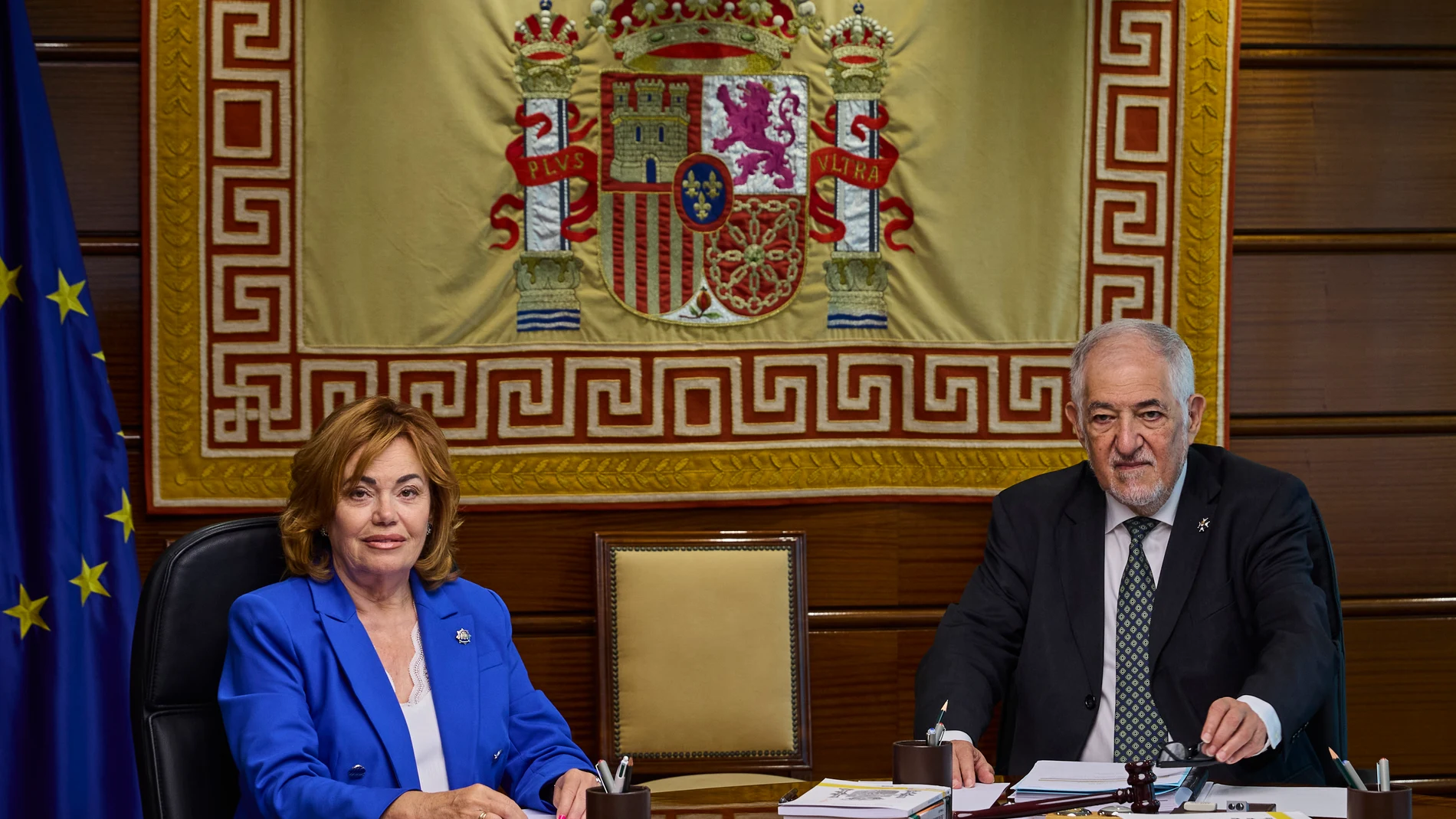 El presidente y la vicepresidenta del Tribunal Constitucional (TC), Cándido Conde Pumpido e Inmaculada Montalbán, respectivamente, durante el pleno histórico de cinco días, que ha arrancado este lunes en Madrid, centrado en exclusiva en la ley de amnistía, con una ponencia que propone avalar la norma en líneas generales y que augura un debate intenso entre sus magistrados © Alberto R. Roldán / Diario La Razón. 23 06 2025