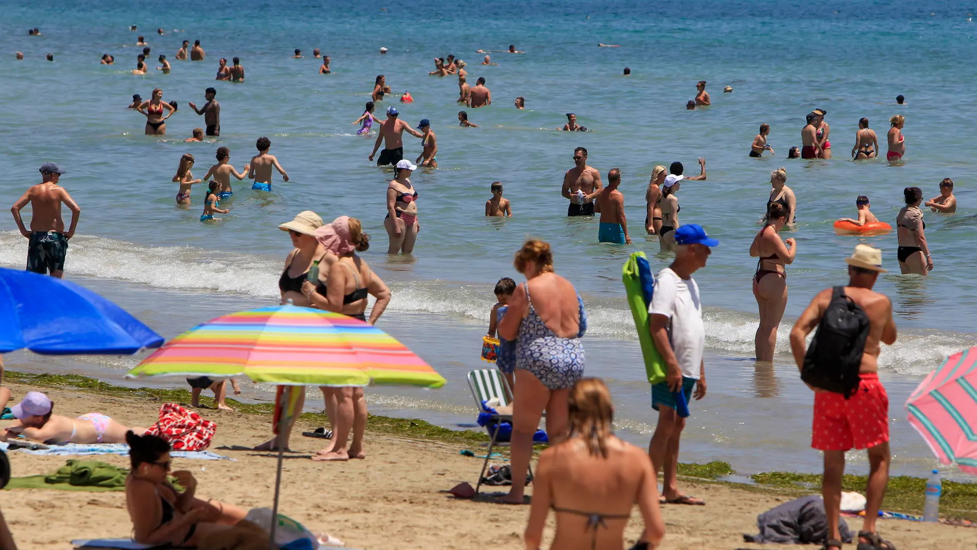Bañistas en la playa de Alicante, intentado soportar las altas temperaturas
