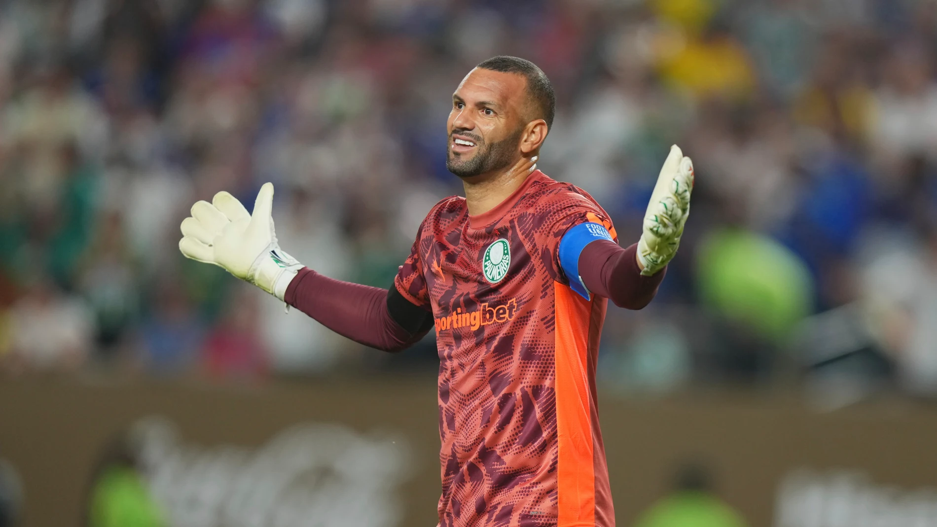 Palmeiras' goalkeeper Weverton gestures during the Club World Cup quarterfinal soccer match between Palmeiras and Chelsea in Philadelphia, Friday, July 4, 2025. (AP Photo/Chris Szagola)