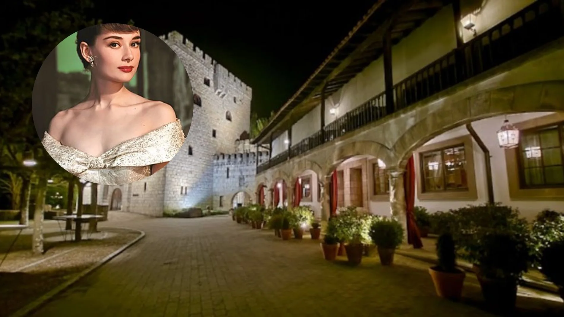 Imagen de la plaza del restaurante Landa con su torre medieval y una foto de Audrey Hepburn